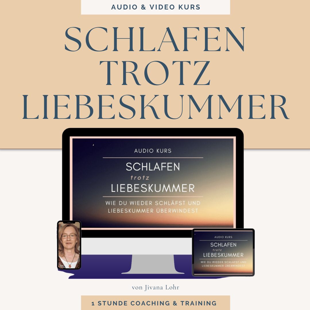 Produktbild des Audio- und Videokurses 'Schlafen trotz Liebeskummer' von Jivana Lohr. Gezeigt werden Kursmaterialien auf Laptop, Smartphone und Tablet sowie die Kursbeschreibung: 'Wie du wieder schläfst und Liebeskummer überwindest´. 