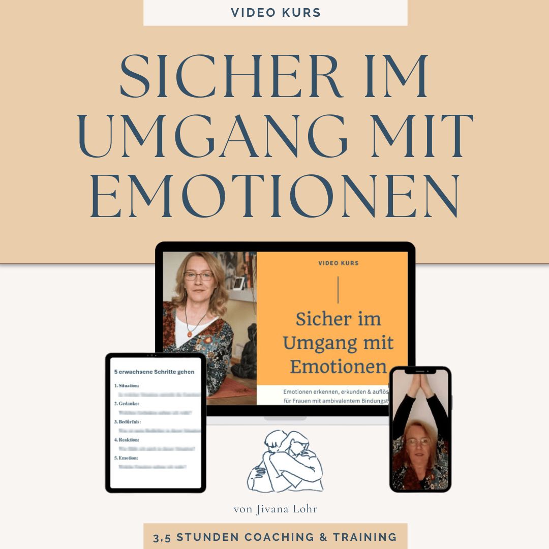 Produktbild des Videokurses 'Sicher im Umgang mit Emotionen' von Jivana Lohr. Abgebildet sind der Kursname, eine Trainerin und Beispiele der Inhalte.