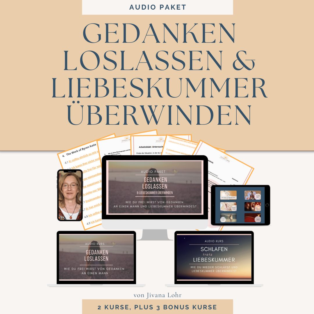 AudioPaket Produktbild Produktbild des Audio- und Videokurses 'Schlafen trotz Liebeskummer' von Jivana Lohr. Gezeigt werden Kursmaterialien auf Laptop, Smartphone und Tablet sowie die Kursbeschreibung: 'Wie du wieder schläfst und Liebeskummer überwindest´.