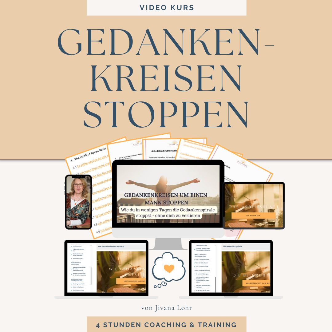 Produktbild Gedankenkreisen um einen Mann stoppen Produktbild des Videokurses 'Gedankenkreisen stoppen' von Jivana Lohr. Gezeigt werden Kursmaterialien, Darstellungen von Übungen und digitale Geräte wie Laptop, Tablet und Smartphone mit dem Kursinhalt.
