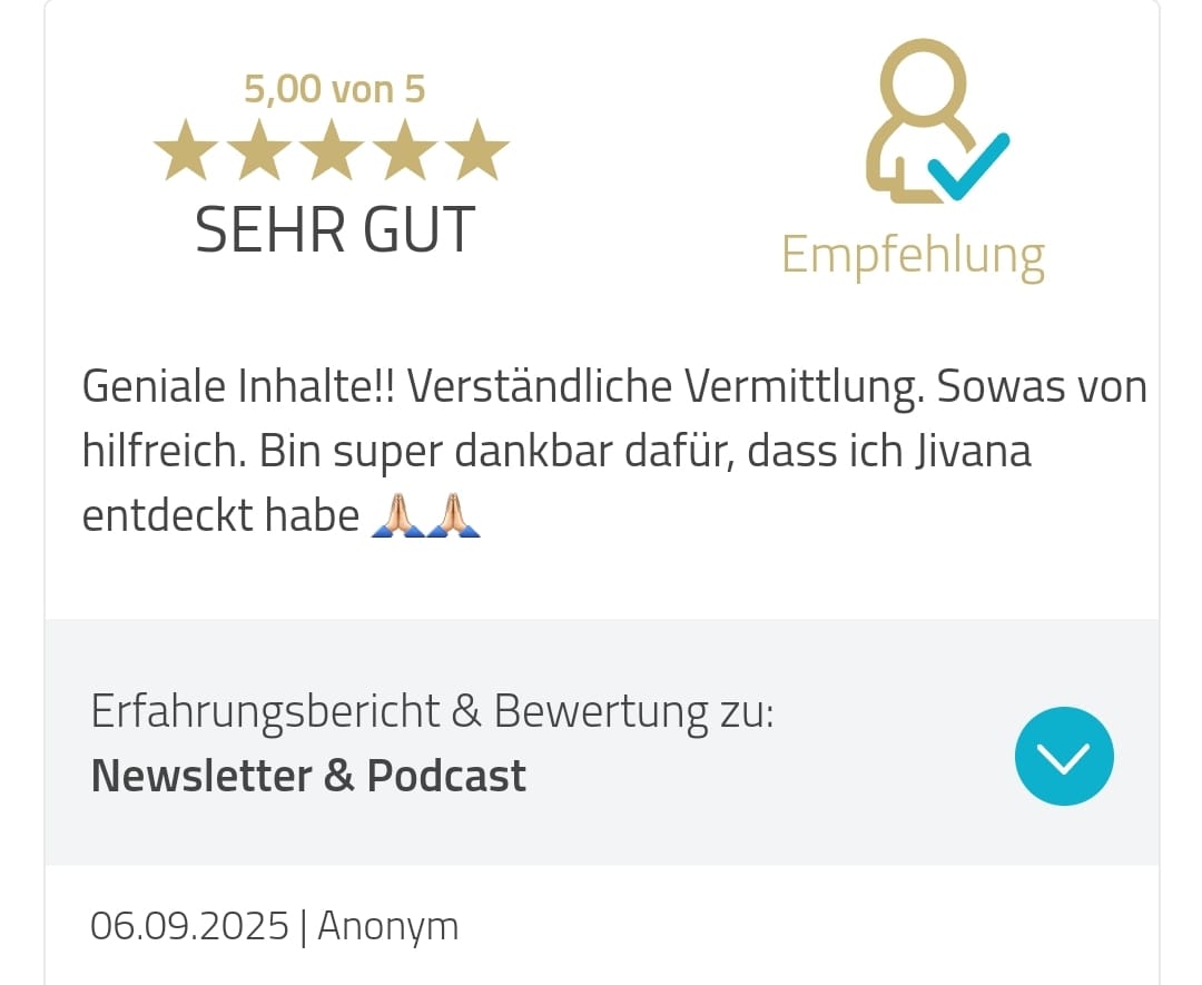 5-Sterne-Bewertung für den Podcast Einen Mann loslassen von Jivana Lohr: Geniale Inhalte, verständliche Vermittlung, sehr hilfreich.