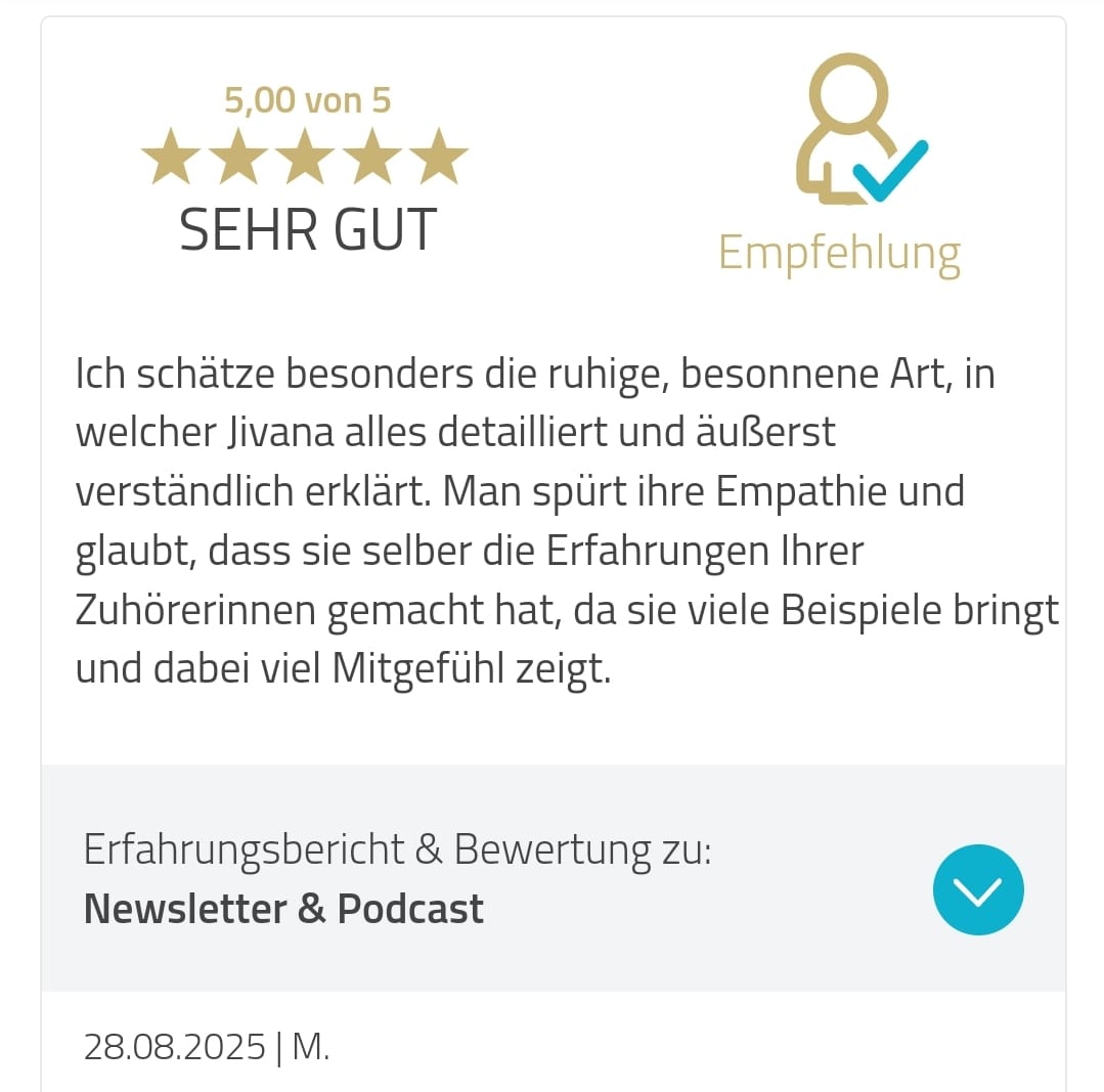 5-Sterne-Bewertung für den Podcast Einen Mann loslassen von Jivana Lohr: ruhige, besonnene Art, detaillierte und verständliche Erklärungen, viel Mitgefühl und Empathie.