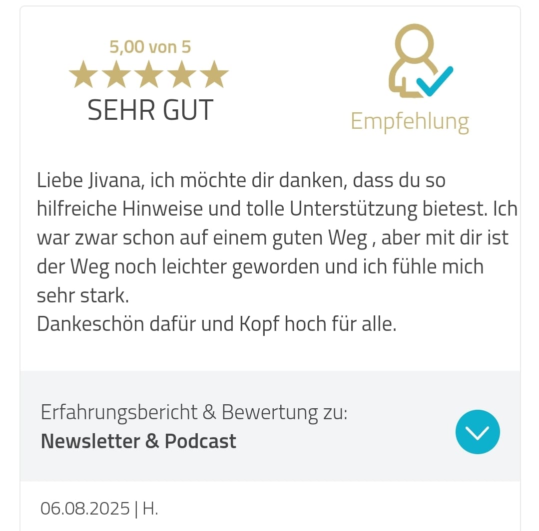 5-Sterne-Bewertung für den Podcast Einen Mann loslassen von Jivana Lohr: hilfreiche Hinweise, tolle Unterstützung, Weg leichter gemacht, Stärke gewonnen.