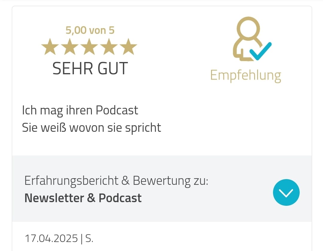 5-Sterne-Bewertung für den Podcast Einen Mann loslassen von Jivana Lohr: Hörerin mag den Podcast und betont, dass Jivana weiß, wovon sie spricht.