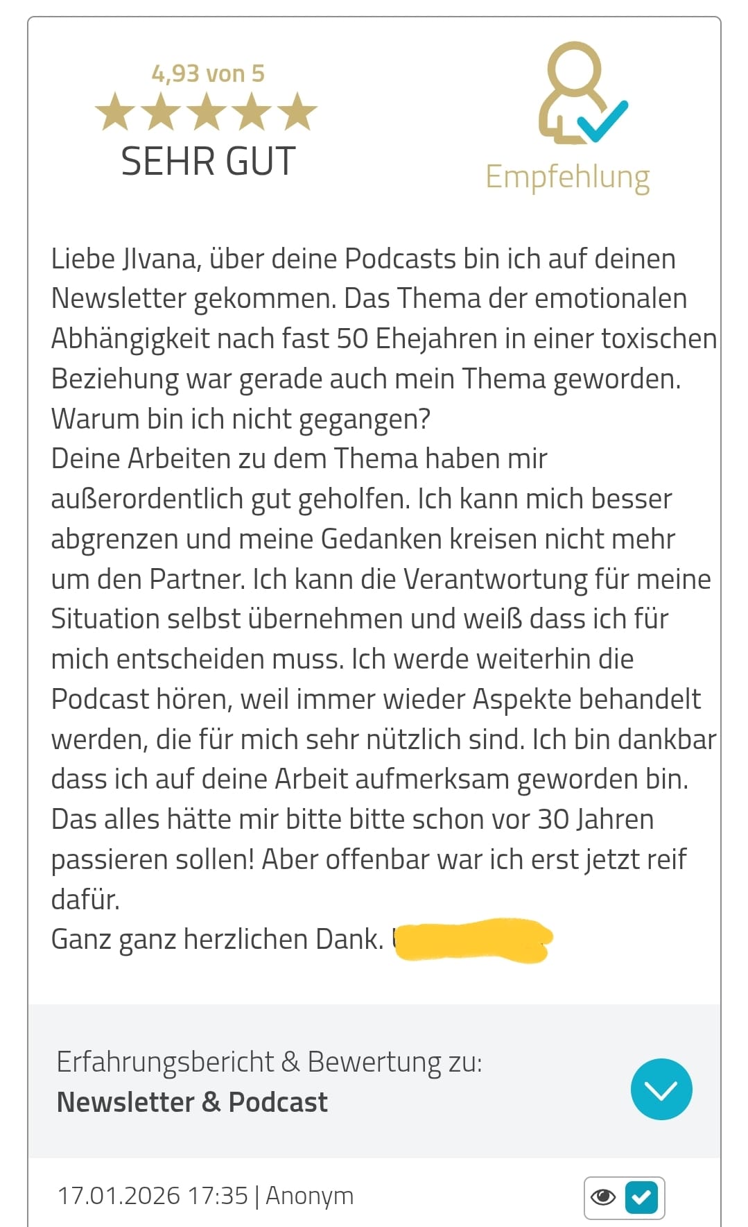 5-Sterne-Bewertung für den Podcast Einen Mann loslassen von Jivana Lohr: Geniale Inhalte, verständliche Vermittlung, sehr hilfreich.