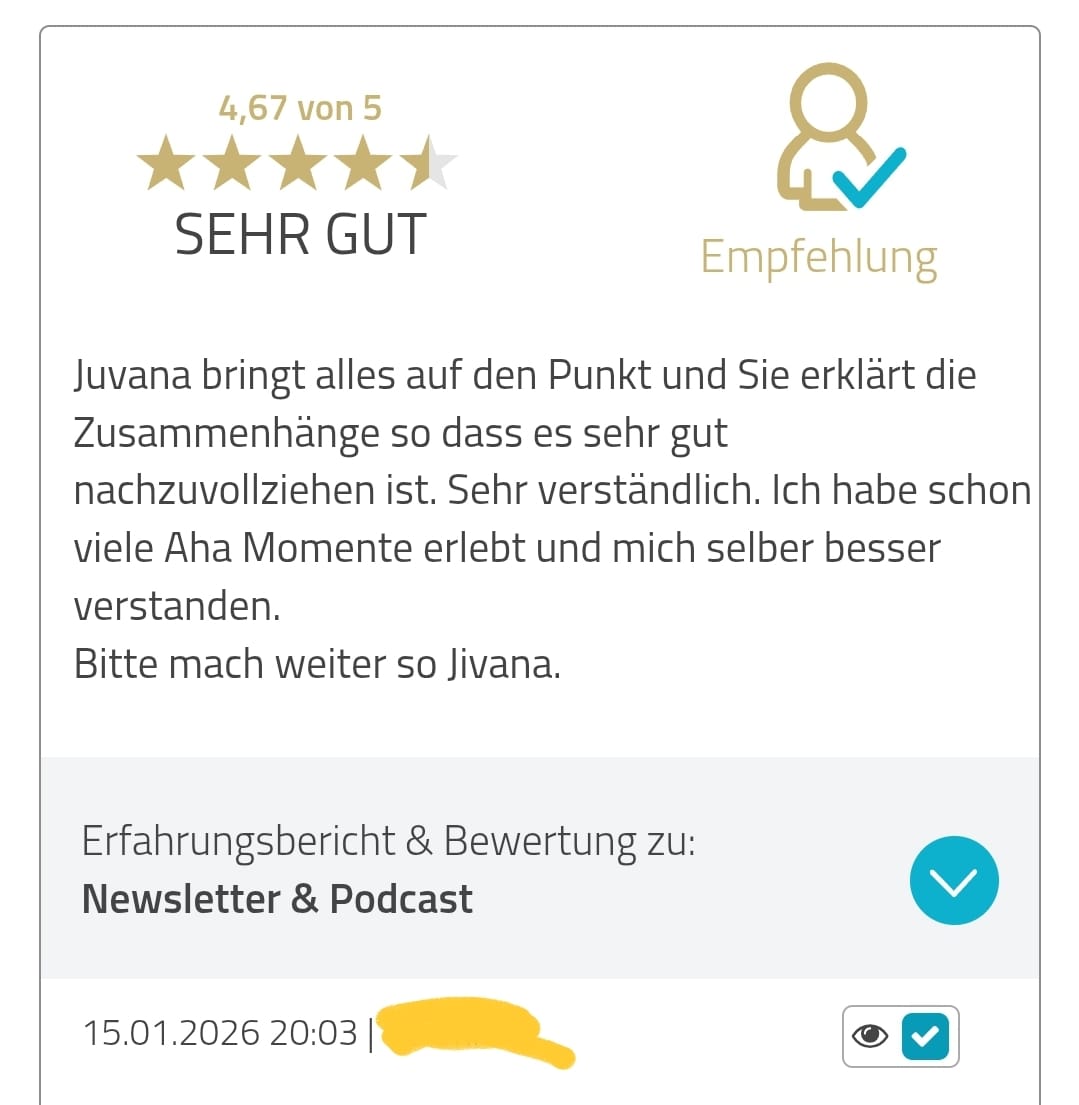 5-Sterne-Bewertung für den Podcast Einen Mann loslassen von Jivana Lohr: ruhige, besonnene Art, detaillierte und verständliche Erklärungen, viel Mitgefühl und Empathie.