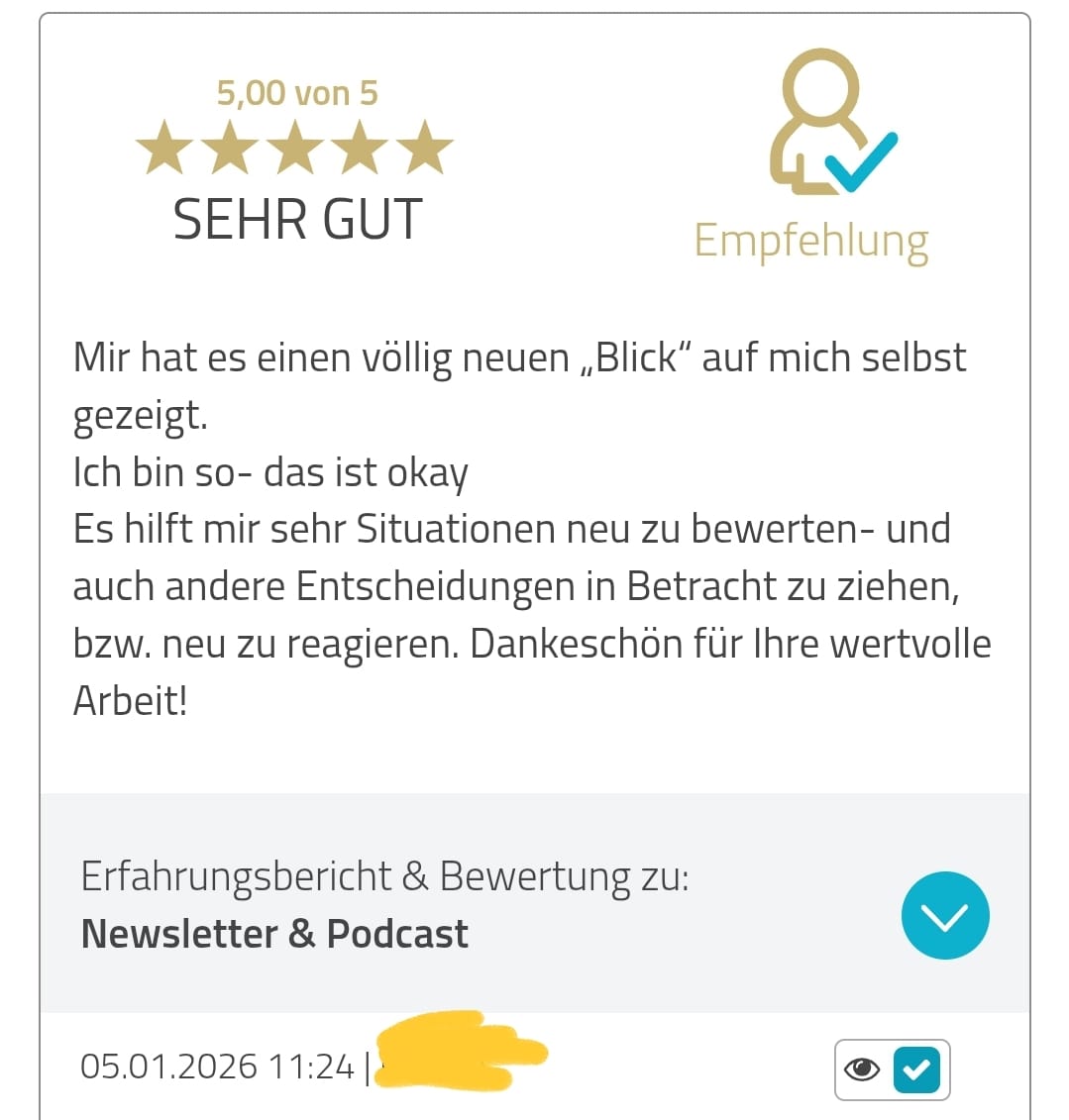 5-Sterne-Bewertung für den Podcast Einen Mann loslassen von Jivana Lohr: hilfreiche Hinweise, tolle Unterstützung, Weg leichter gemacht, Stärke gewonnen.
