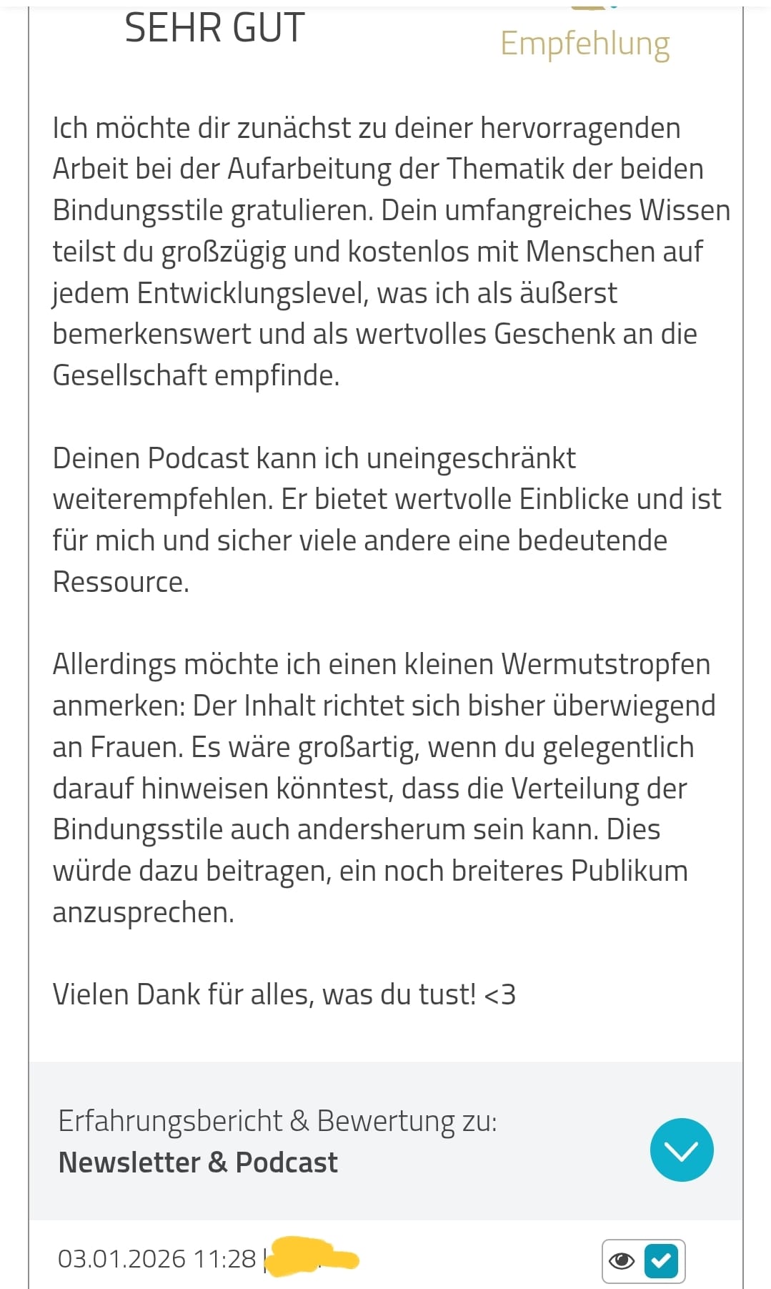 5-Sterne-Bewertung für den Podcast Einen Mann loslassen von Jivana Lohr: viele Aha-Effekte, wertvolle Erkenntnisse, neue Partnerschaft auf Augenhöhe gefunden.