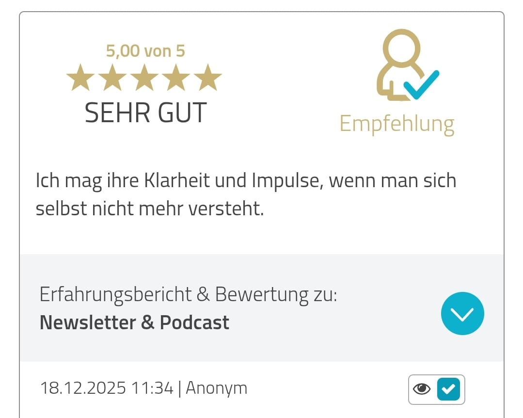 5-Sterne-Bewertung für den Podcast Einen Mann loslassen von Jivana Lohr: Hörerin mag den Podcast und betont, dass Jivana weiß, wovon sie spricht.