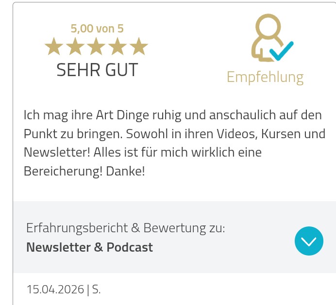 5-Sterne-Bewertung für den Podcast Einen Mann loslassen von Jivana Lohr: hochwertige Inhalte, liebevolle Art, Kompetenz durch eigene Erfahrung, absolute Herzensempfehlung.
