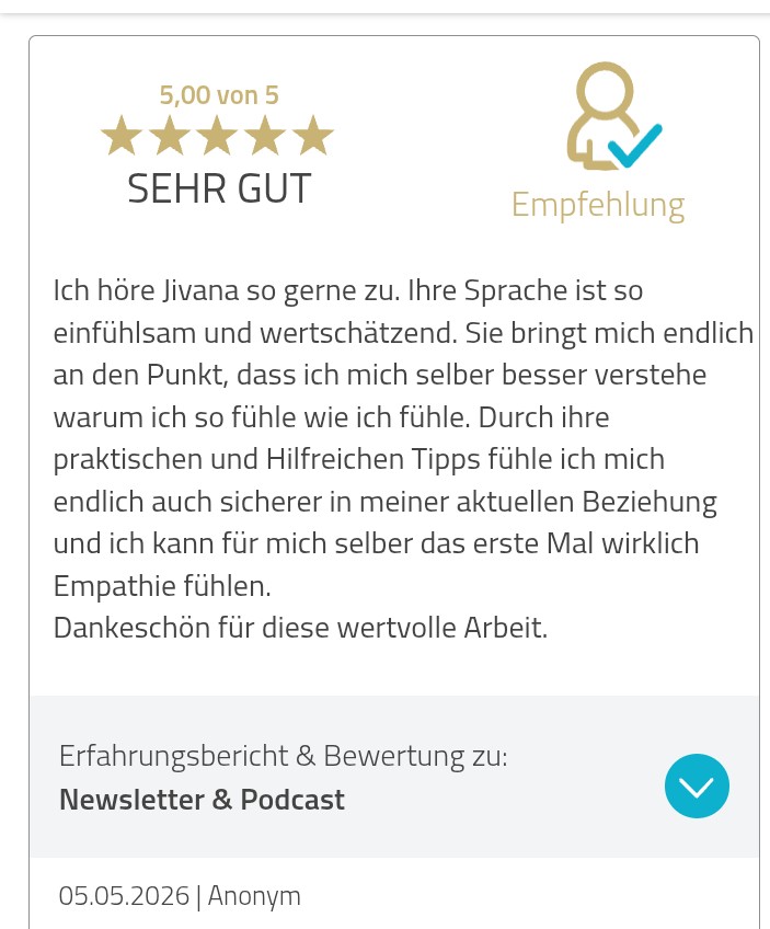 5-Sterne-Bewertung für den Podcast Einen Mann loslassen von Jivana Lohr: viele Aha-Effekte, wertvolle Erkenntnisse, neue Partnerschaft auf Augenhöhe gefunden.