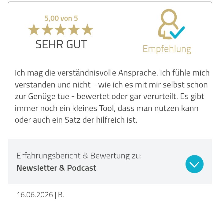 5-Sterne-Bewertung für den Podcast Einen Mann loslassen von Jivana Lohr: ruhige, besonnene Art, detaillierte und verständliche Erklärungen, viel Mitgefühl und Empathie.