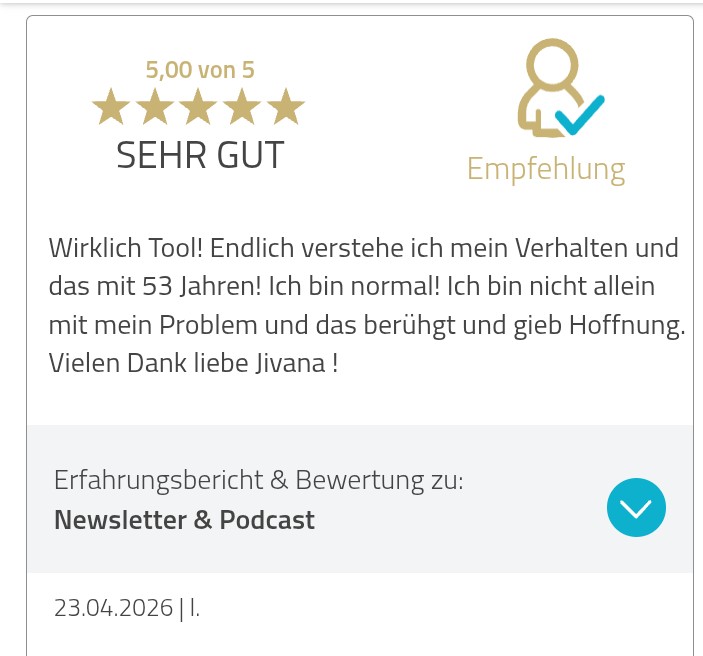 5-Sterne-Bewertung für den Podcast Einen Mann loslassen von Jivana Lohr: Geniale Inhalte, verständliche Vermittlung, sehr hilfreich.